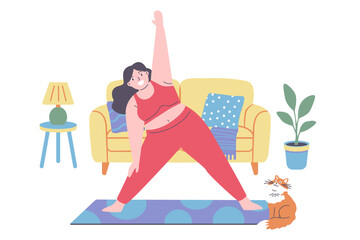 Happy Woman Doing Home Yoga Workout with Cat in Cozy Living Room Interior