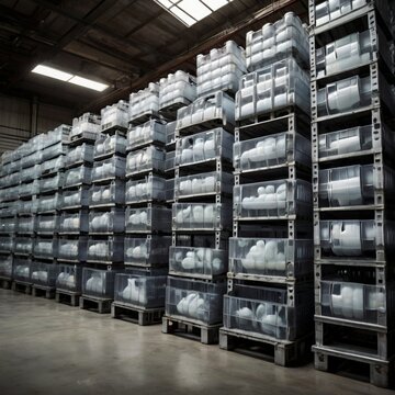 A professional wide-angle shot of stacked plastic crates filled with empty transparent bottles in a warehouse aisle, natural light from high windows casting geometric shadows on industrial shelving un