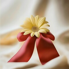 Wedding yellow flower gerbera on a red bow with silk background.