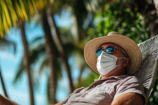 Senior man in medical mask relaxing on beach - Powered by Adobe