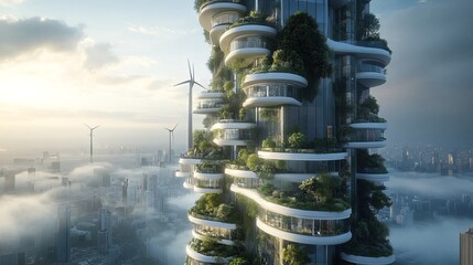 A futuristic eco-friendly skyscraper with wind turbines and green terraces