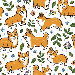 Pembroke Welsh Corgi Vector Illustration with Seamless Pattern Design