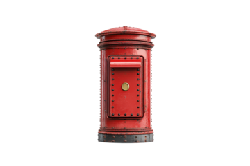 Red postbox with riveted panel, faded paint and corrosion at base, narrow letter slot centered, isolated on a transparent background