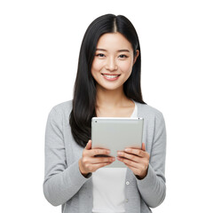 Smiling Asian Woman Using Tablet Computer White On Transparent Background
