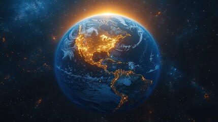 Obraz premium Earth view from space with city lights and a glowing horizon.