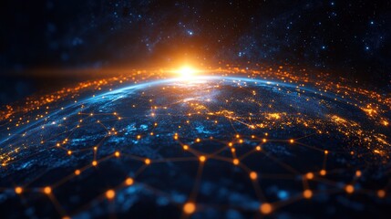 Abstract digital globe with interconnected network lines and a bright light source.