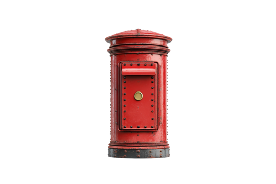 Red postbox with riveted panel, faded paint and corrosion at base, narrow letter slot centered, isolated on a transparent background
