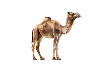 Side profile of a camel standing alert, showing its hump and lean limbs, isolated on a transparent background