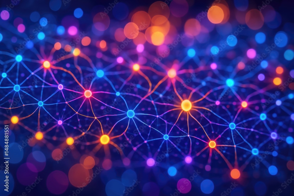 Poster Abstract Network Connection Background with Colorful Bokeh and Glowing Nodes in Dark Space