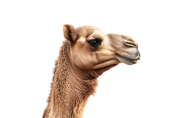 Obraz premium Side view of a camel's head with detailed fur and calm expression, isolated on a transparent background