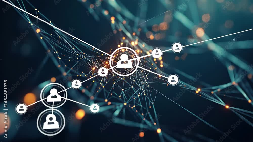 Poster exploring advanced ai networks with intricate data connections and glowing nodes, 4k video ai networ