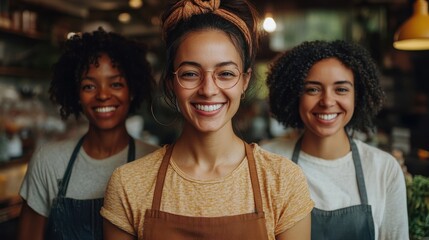 Fototapeta premium Three young african female adults smiling in a cozy café setting
