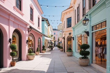 Fototapeta premium Charming Pastel Shopping District Featuring Authentic Retail Spaces and Contemporary Venues