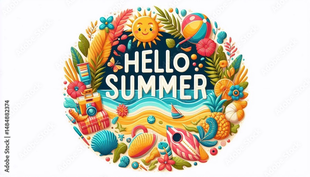 Fototapete hello summer, greeting text in round white frame with colorful beach element. beach concept