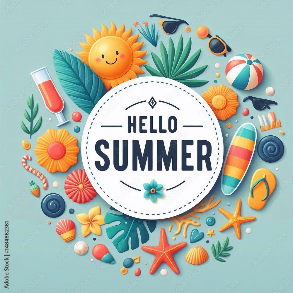 Fototapete hello summer, greeting text in round white frame with colorful beach element. beach concept