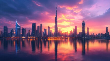 Fototapeta premium A futuristic city skyline as the backdrop of a global tech conference