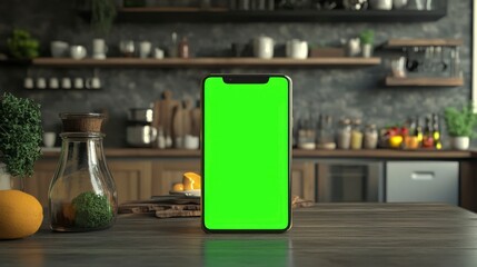 Smartphone with green screen on kitchen counter. (2)
