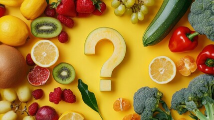A question mark shaped from melon surrounded by various fruits and vegetables on a yellow background.