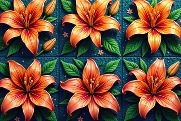 Bold, stylized lilies arranged in square repeating tiles , pattern design, deco