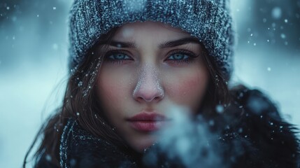 Young caucasian female in winter attire with snowflakes on face and knit hat
