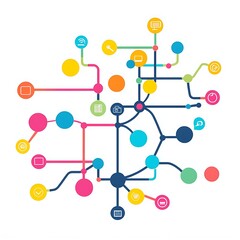 Fototapeta premium A vibrant abstract pattern of linked circles connected by dark lines illustrates complex organizational structures or digital mapping suitable for technology branding assets.