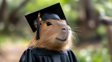 Capybara wearing graduation cap and gown in whimsical outdoor setting