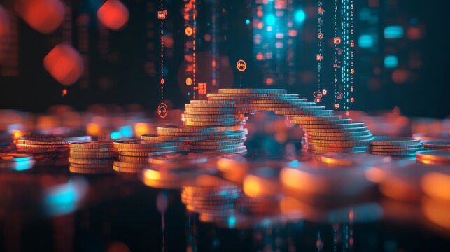 26021028 45 A stack of coins forming a bridge, surrounded by digital icons, representing access to financial services and economic empowerment with ample copy space , Product photography with high res