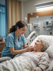 oncology nurse in a hospital setting, compassionately interacting with a patient, with a focus on their supportive role and care, including elements like medical equipment and a calming environment