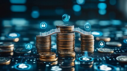 26021028 45 A stack of coins forming a bridge, surrounded by digital icons, representing access to financial services and economic empowerment with ample copy space , Product photography with high res