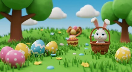 Easter bunny eggs basket cartoon landscape