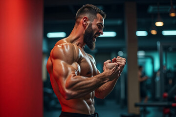 Fototapeta premium A muscular man stands in a fitness center, veins bulging as he flexes his arms while exerting visible effort. The warm, dim lighting highlights his toned physique, capturing the essence of dedication