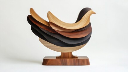 A 2D wood sculpture of a dove of peace, with stripes and shapes resembling an abstract, stands upright on a base. The wood has a rich color gradient, from light brown to dark red, with the surface par