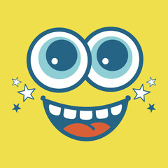 Funny cartoon face with big eyes and wide smile on yellow background