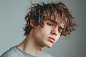 Young man with dry shaggy damaged hair looking sad