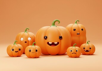 Cute Halloween pumpkins against orange background