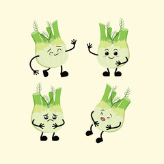 Vegetables Cute Cartoon Fennel with Different Emotions