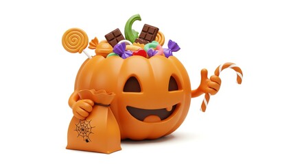Fototapeta premium Halloween pumpkin character with candy and trick bag