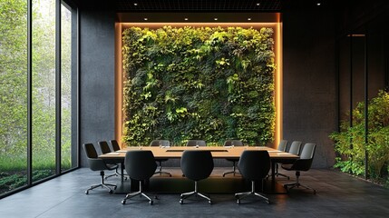 A corporate meeting room with a living green wall and energy-efficient LED lighting 