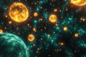 Obraz premium Cosmic nebula, vibrant planets, stars