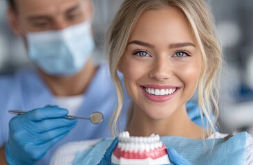 Dental clinic setting, a smiling woman in a blue dental gown holding a model of teeth while the dentist examines her mouth with a mirror and dental tools