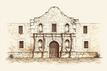 Historic structure showcasing the architectural details of the Alamo with intricate stonework, set against a neutral background, emphasizing its historical significance and beauty