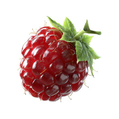 Single Red Raspberry with Green Stem and Leaves on white background