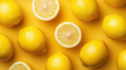 Fresh whole and sliced lemons on vibrant yellow background