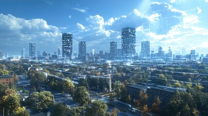 A blue digital twin city with real-time holographic data overlays