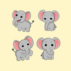 Animal Cute Cartoon Elephant with Different Emotions