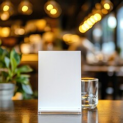Mock-up of a blank menu label frame on a bar restaurant table, acrylic tent card stand with white sheets, blurred cafeteria background.