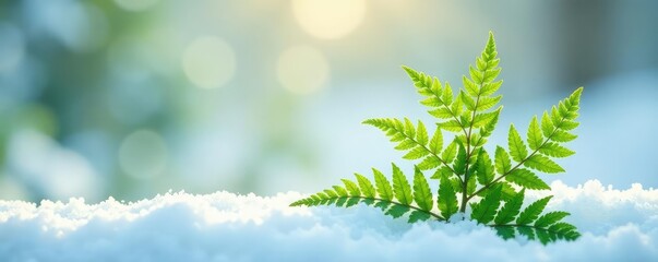 delicate ferns unfurl on a snowy white canvas, serene, winter, green