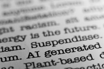 AI generated content. Text printed on a page. A piece of paper with a phrase written in retro typewriter font