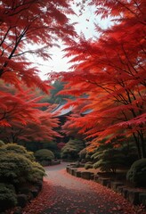 Japanese maple garden in Kyoto during koyo with vivid autumn leaves and a serene, peaceful atmosphere Generative AI