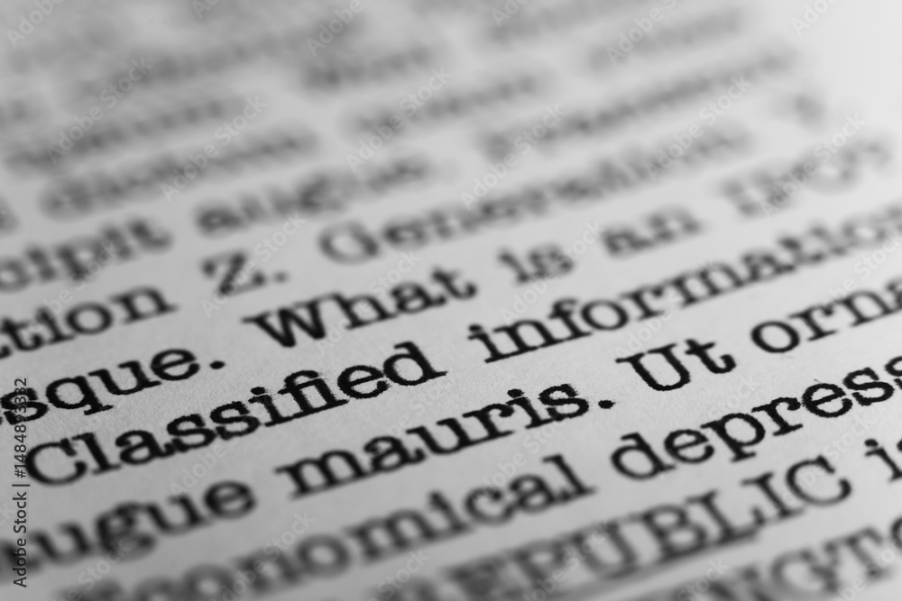 Fototapete classified information. text printed on a page. a piece of paper with a phrase written in retro type